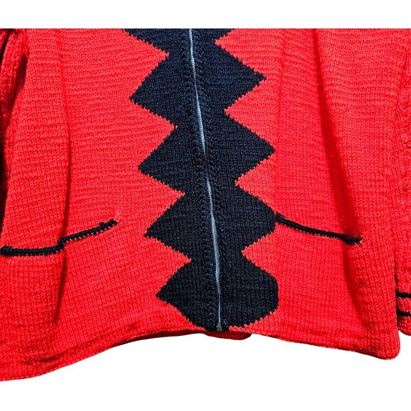 Handmade Red & Black Knit Hooded Cardigan With Zigzag Design & Front Zipper Clos - Picture 3 of 8